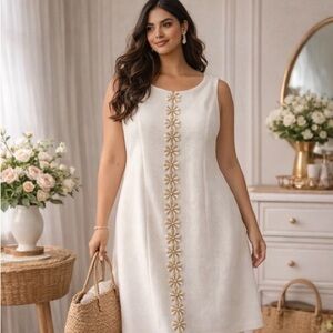 NWT Jessica Howard 22W White Textured Shift Dress Gold Detail Elegant Plus Size